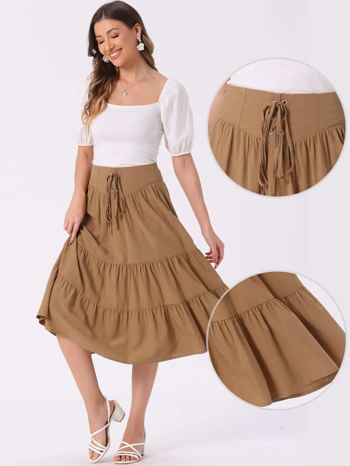 Allegra K Boho Midi Skirt for Women's Lace-Up Smocked Back Pleated A-Line Skirt