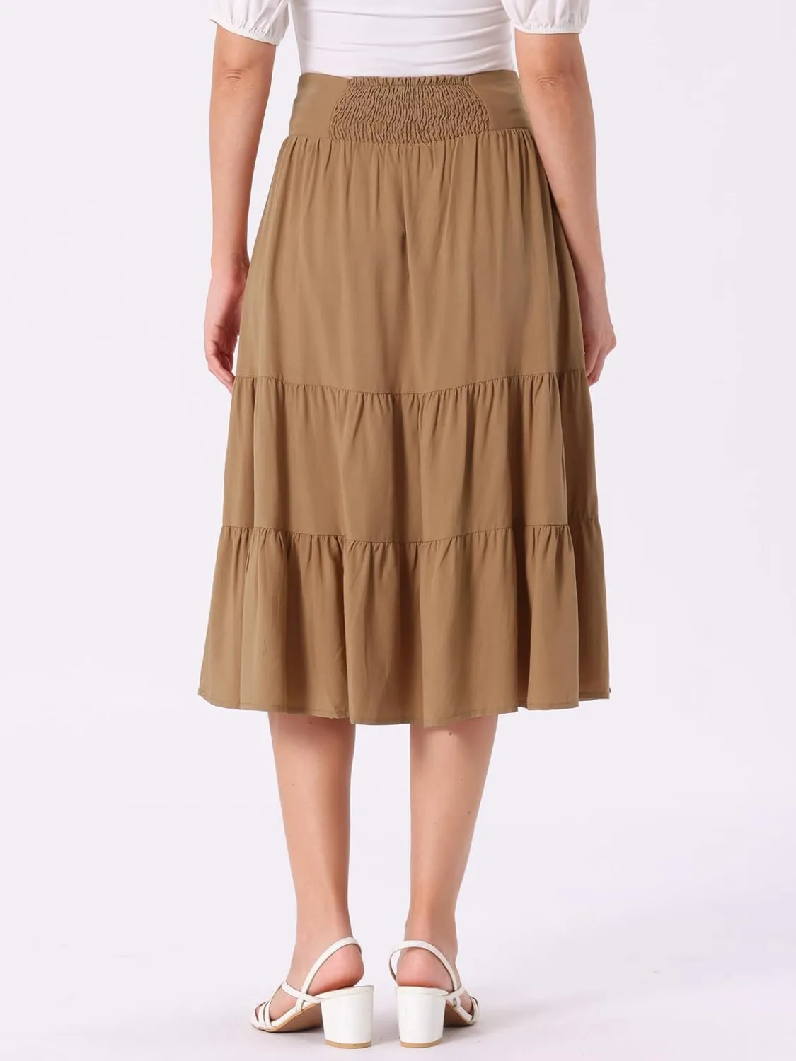 Allegra K Boho Midi Skirt for Women's Lace-Up Smocked Back Pleated A-Line Skirt