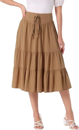 Allegra K Boho Midi Skirt for Women's Lace-Up Smocked Back Pleated A-Line Skirt