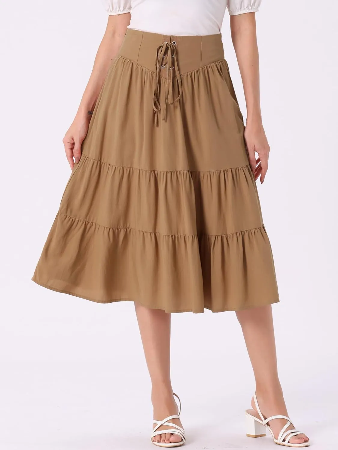 Allegra K Boho Midi Skirt for Women's Lace-Up Smocked Back Pleated A-Line Skirt