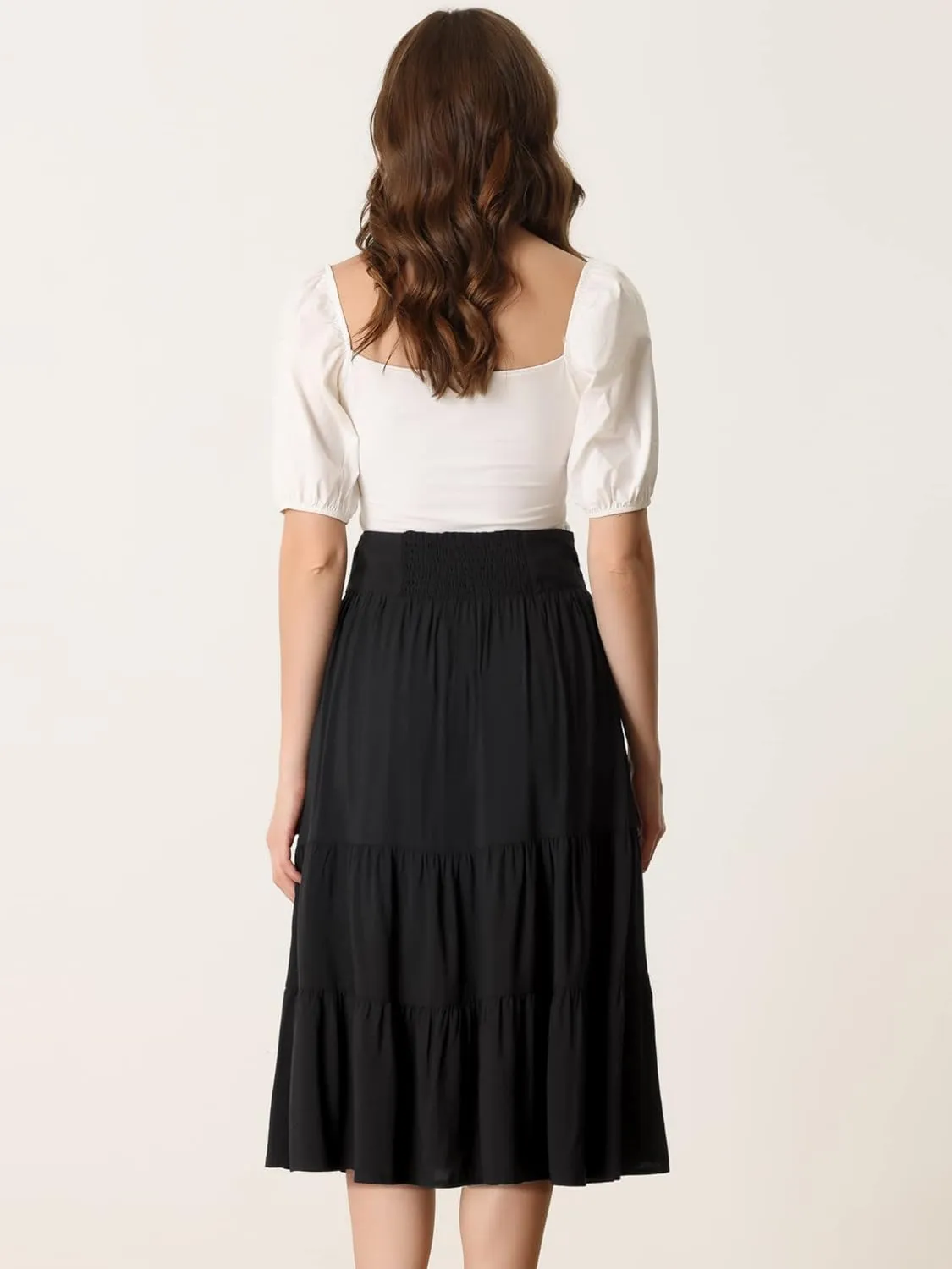 Allegra K Boho Midi Skirt for Women's Lace-Up Smocked Back Pleated A-Line Skirt
