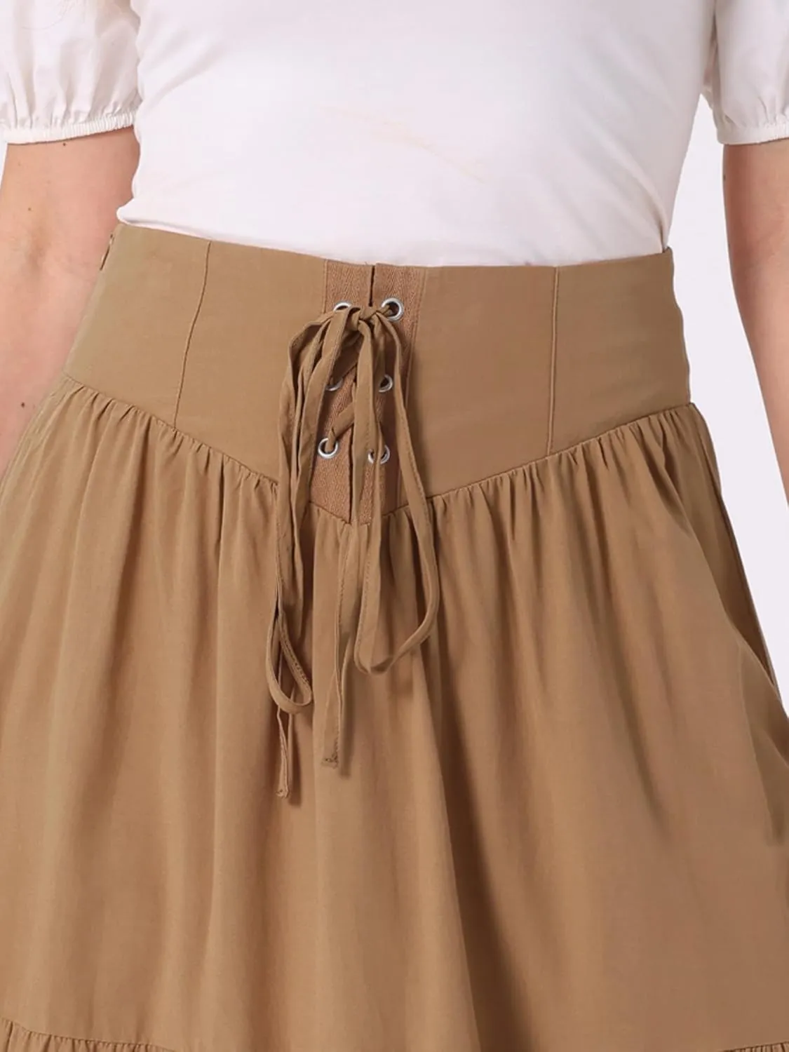 Allegra K Boho Midi Skirt for Women's Lace-Up Smocked Back Pleated A-Line Skirt