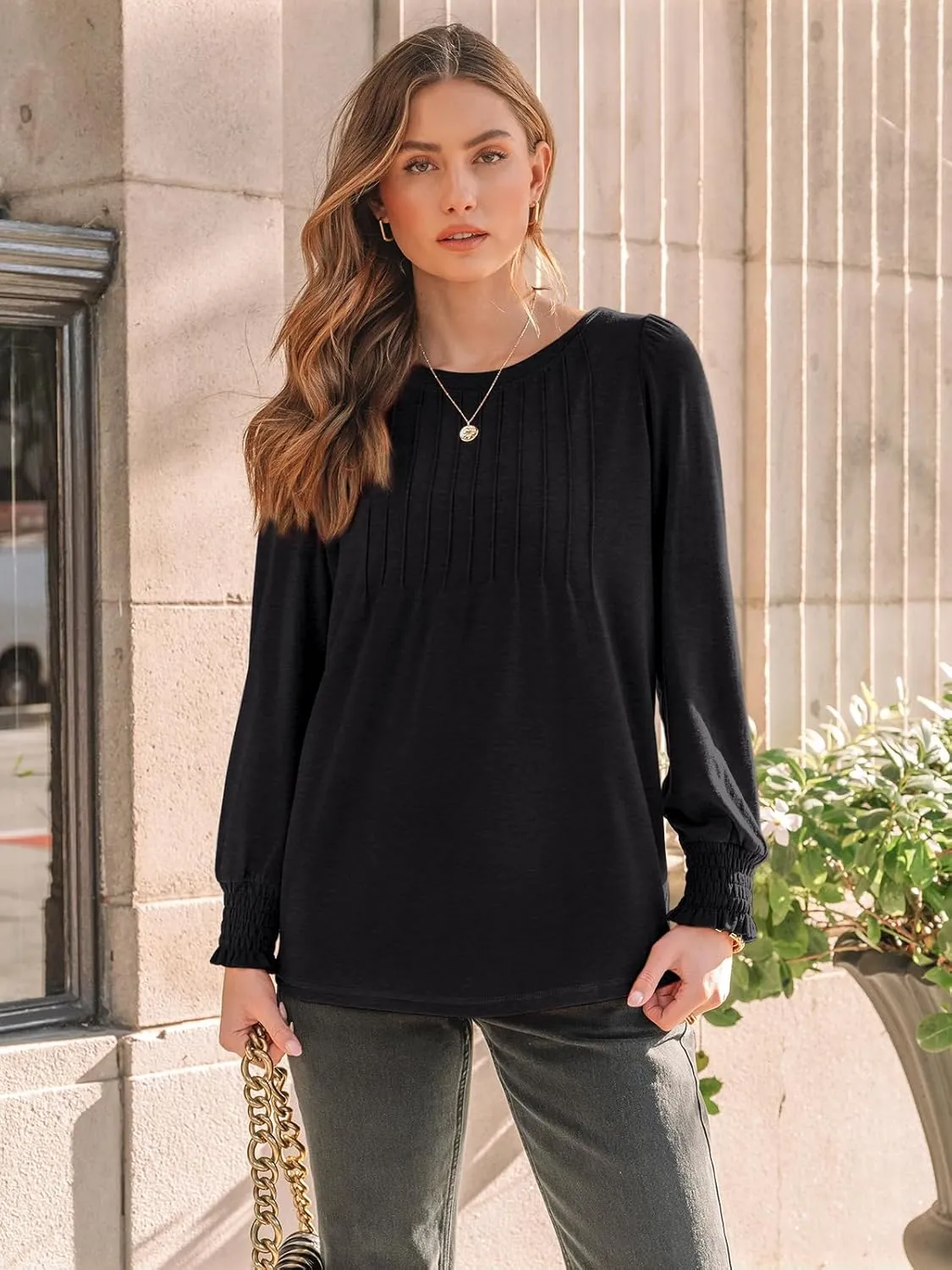 AUTOMET Long Sleeve Shirts Womens Pleated Business Casual Blouses with Smocked Cuffs