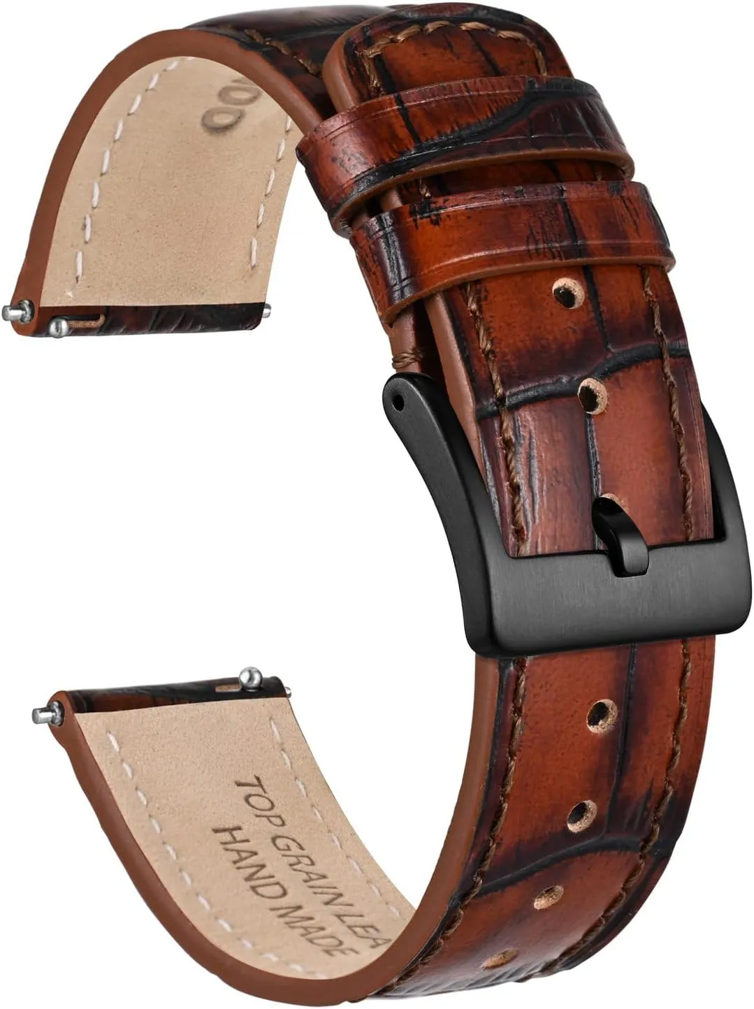 Ayadoo 18mm Top Grain Leather Watch Band Classical Embossed Alligator Grain Golden Brown Leather Replacement Watch Strap with Black Buckle for Men Women