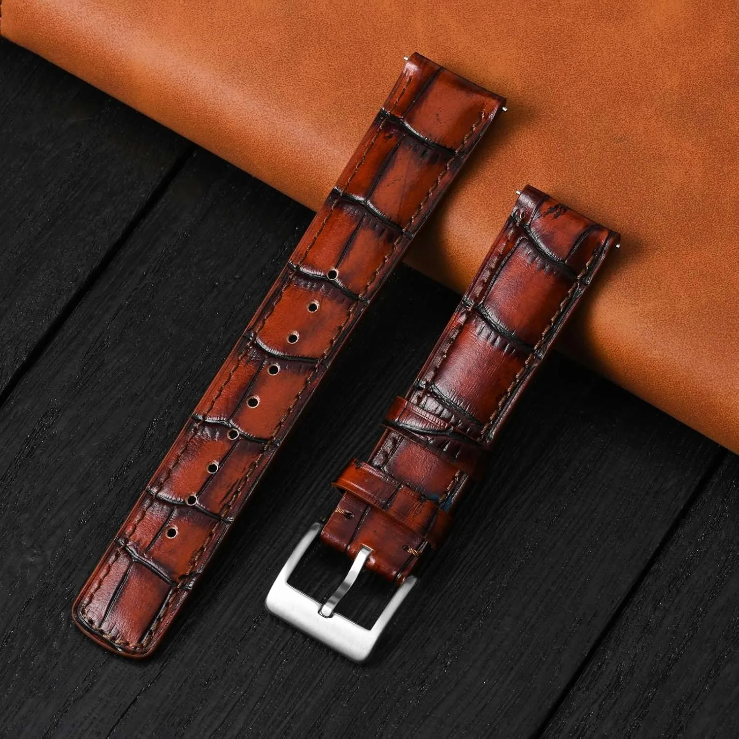 Ayadoo 18mm Top Grain Leather Watch Band Classical Embossed Alligator Grain Golden Brown Leather Replacement Watch Strap with Black Buckle for Men Women