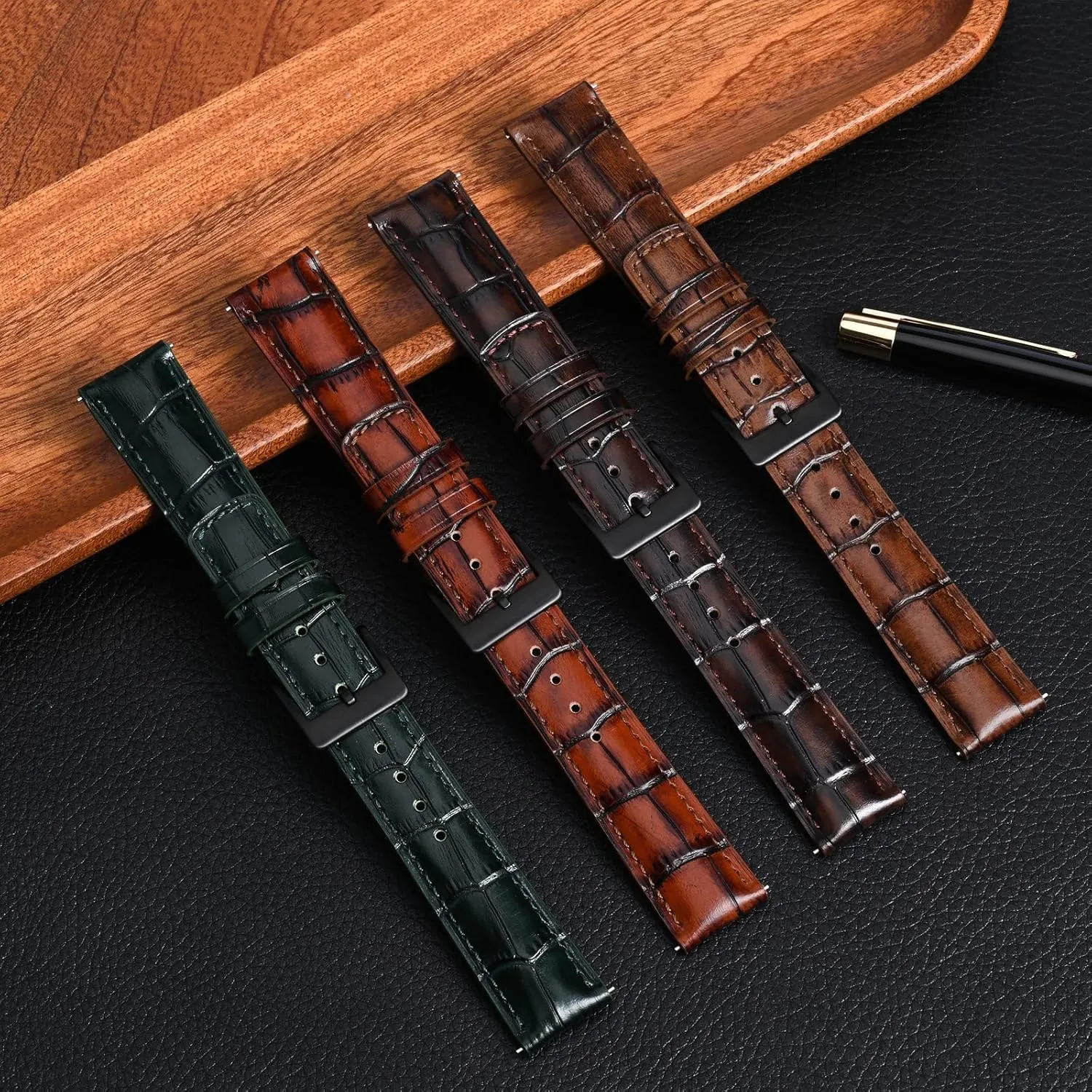 Ayadoo 18mm Top Grain Leather Watch Band Classical Embossed Alligator Grain Golden Brown Leather Replacement Watch Strap with Black Buckle for Men Women