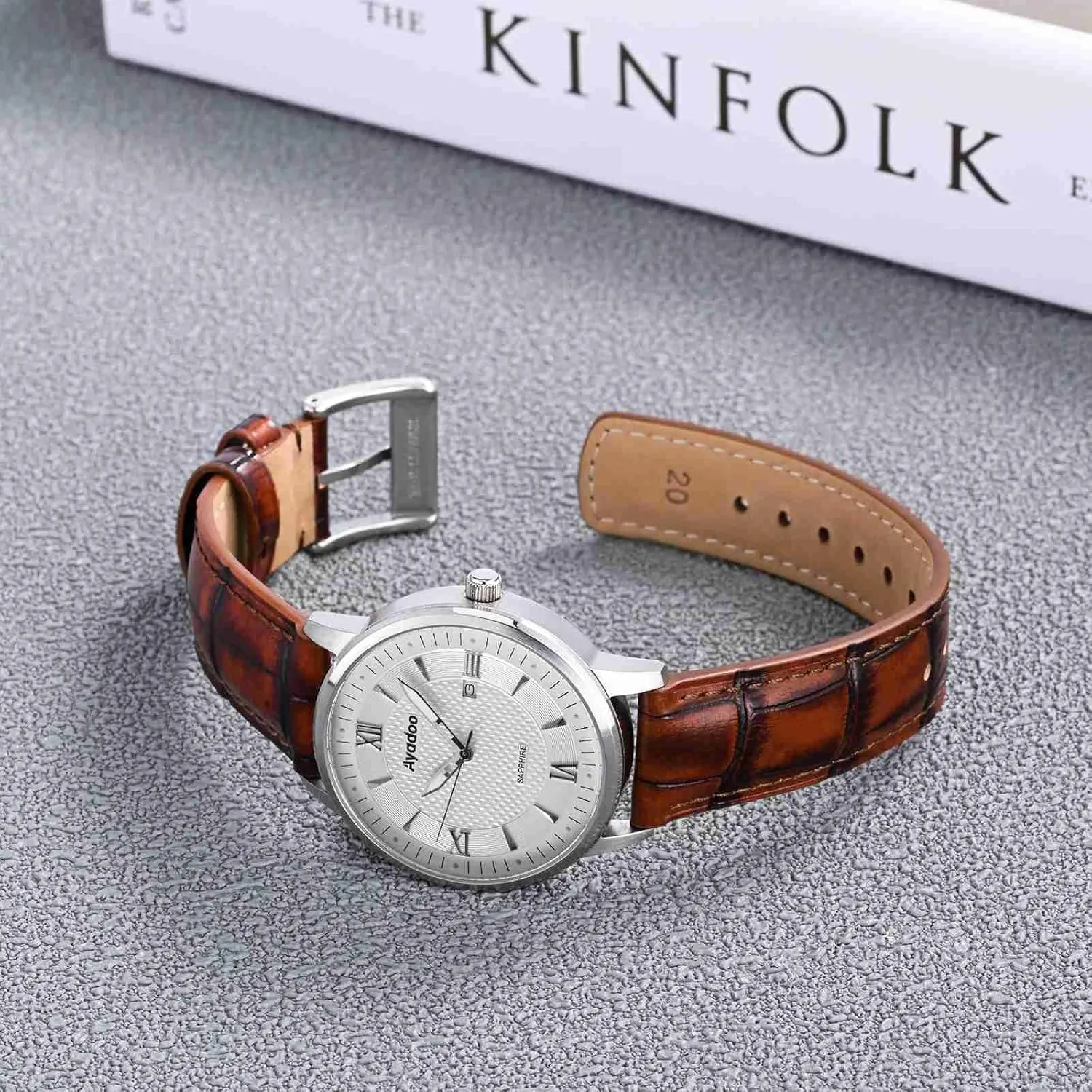 Ayadoo 18mm Top Grain Leather Watch Band Classical Embossed Alligator Grain Golden Brown Leather Replacement Watch Strap with Black Buckle for Men Women
