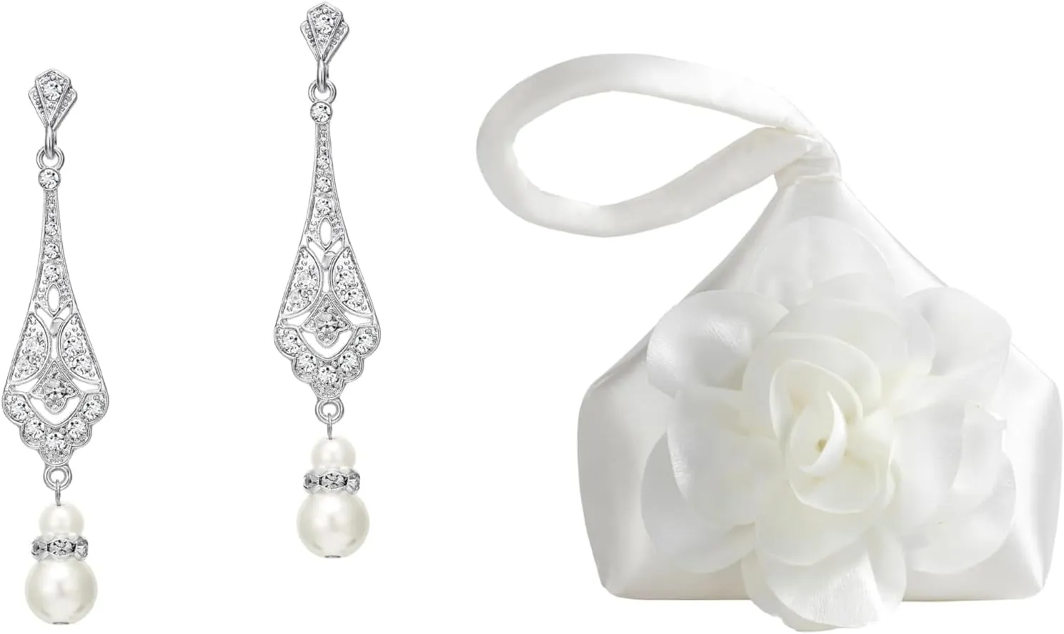 BABEYOND 1920s Vintage Wedding Pearl Dangle Drop Earrings Art Deco Gatsby Earrings Clutch Purses for Women Evening Bags Flower Satin Handbag Classy Wristlet Purse for Party