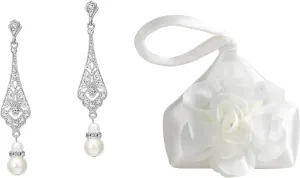 BABEYOND 1920s Vintage Wedding Pearl Dangle Drop Earrings Art Deco Gatsby Earrings Clutch Purses for Women Evening Bags Flower Satin Handbag Classy Wristlet Purse for Party
