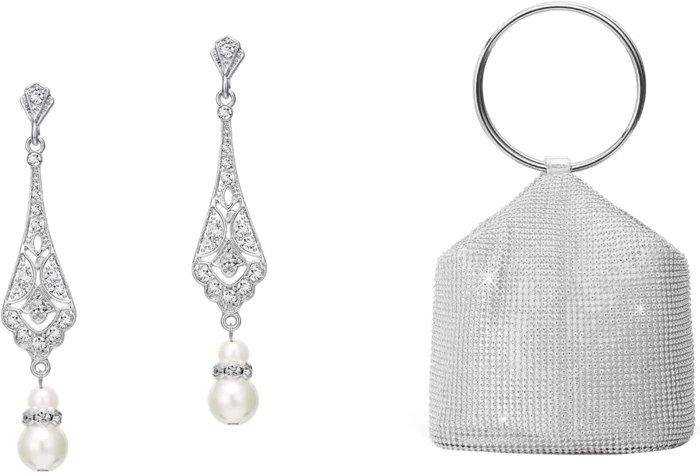 BABEYOND 1920s Vintage Wedding Pearl Dangle Drop Earrings Art Deco Gatsby Earrings Women's Rhinestone Clutch Evening Bags Sparkly Glitter Round Handle Purse for 1920s Party Prom