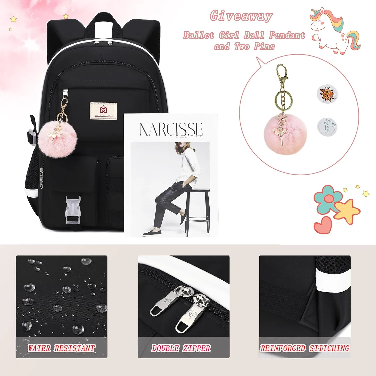 Backpack for Girls Laptop Backpacks 15.6 Inch College Cute Bookbag Anti Theft Primary Elementary School Bag Casual Daypack for Students Teens Girl Women (Black)