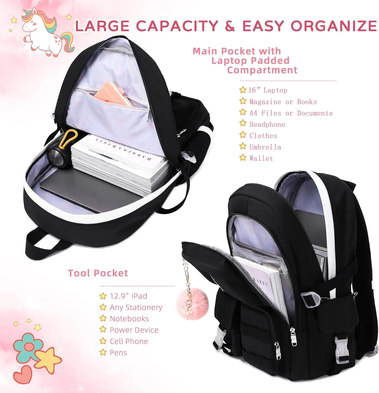 Backpack for Girls Laptop Backpacks 15.6 Inch College Cute Bookbag Anti Theft Primary Elementary School Bag Casual Daypack for Students Teens Girl Women (Black)