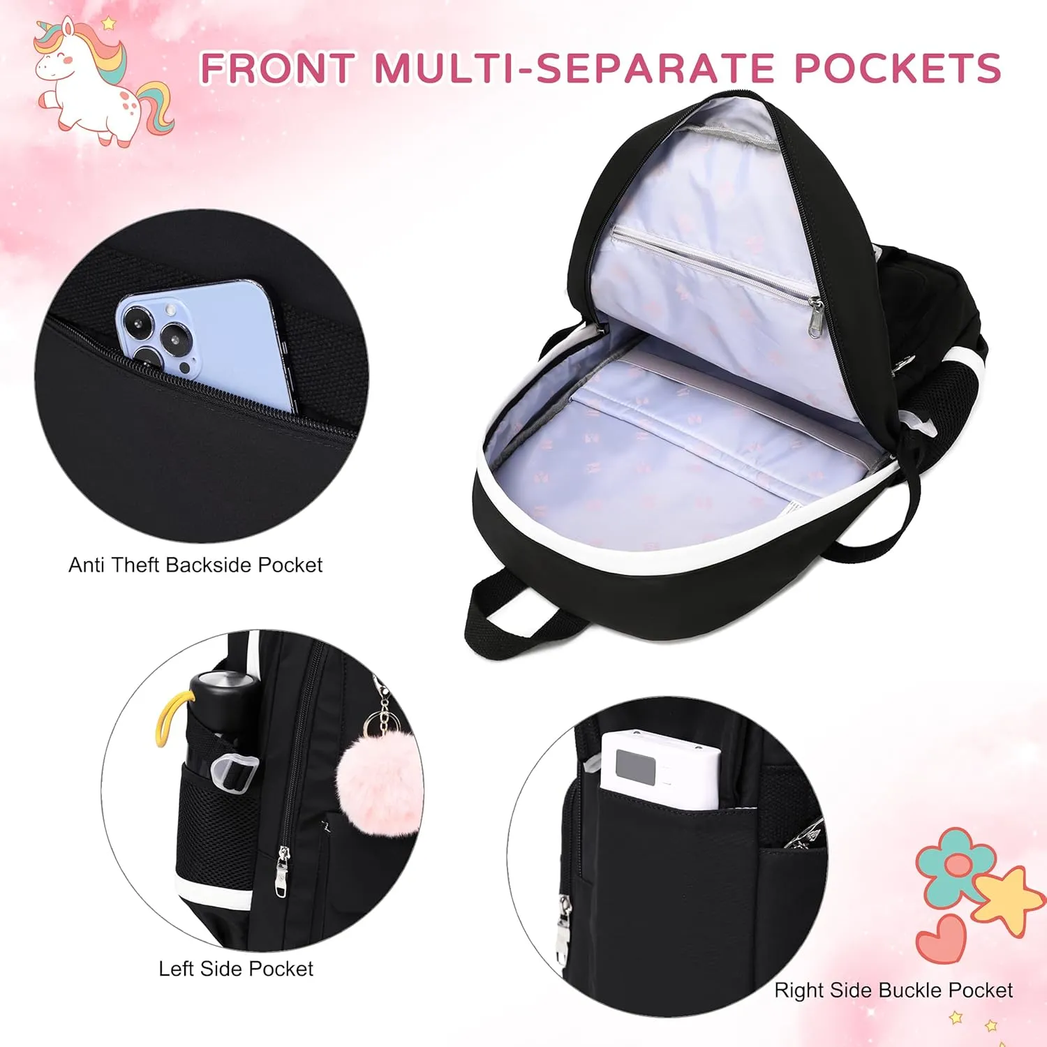 Backpack for Girls Laptop Backpacks 15.6 Inch College Cute Bookbag Anti Theft Primary Elementary School Bag Casual Daypack for Students Teens Girl Women (Black)