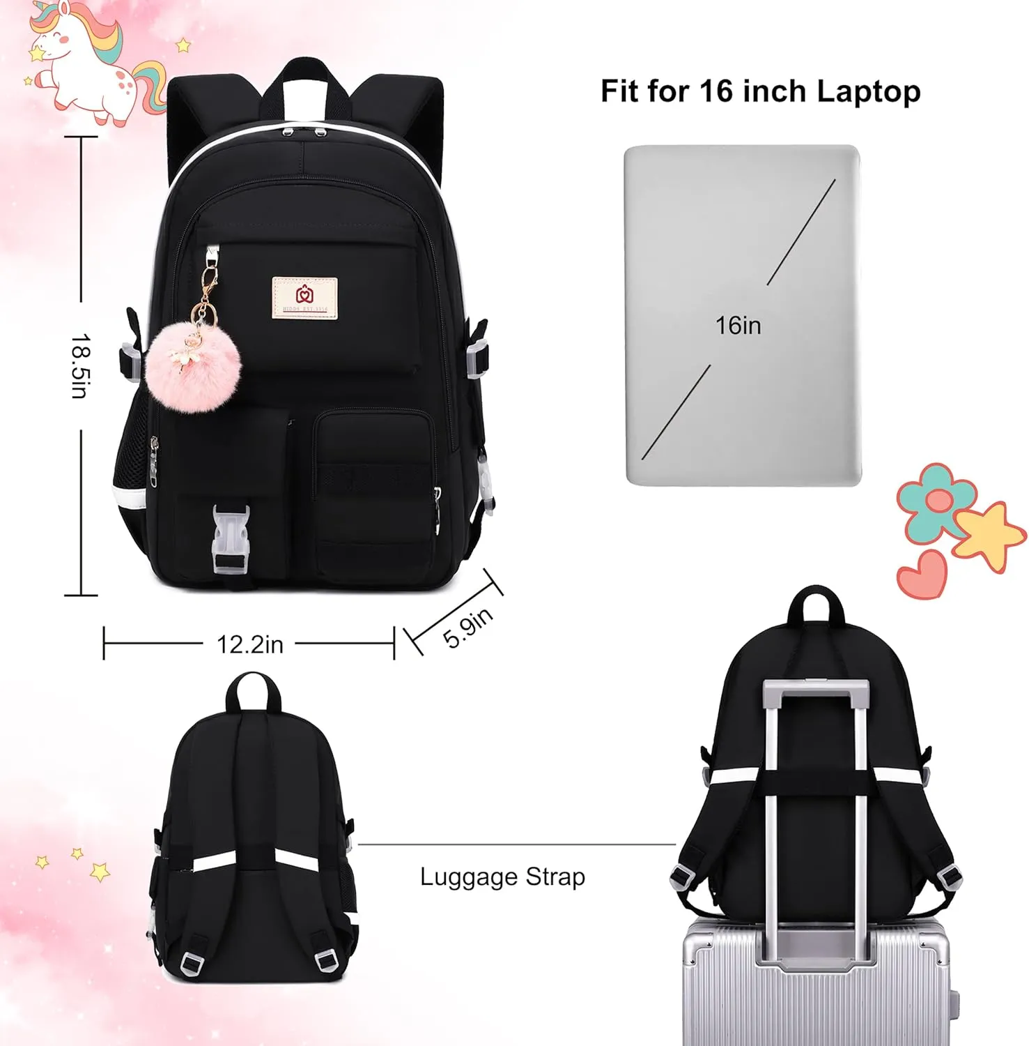 Backpack for Girls Laptop Backpacks 15.6 Inch College Cute Bookbag Anti Theft Primary Elementary School Bag Casual Daypack for Students Teens Girl Women (Black)