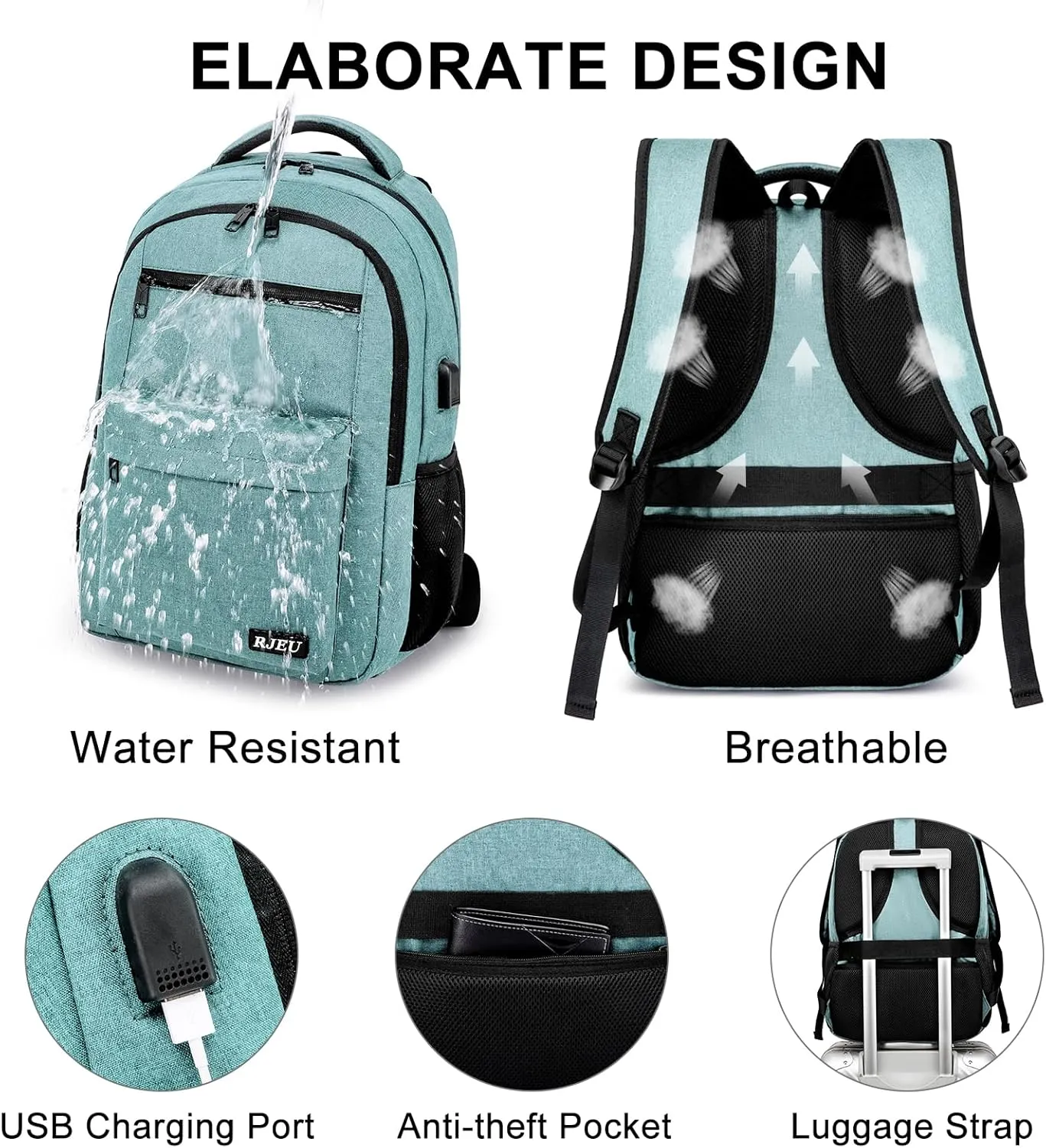 Backpack for Women, School Backpack for Teen with USB Charging Hole, Water Resistant College Bookbag, 15.6 Inch Large Capacity Computer Backpacks for Work, Teal