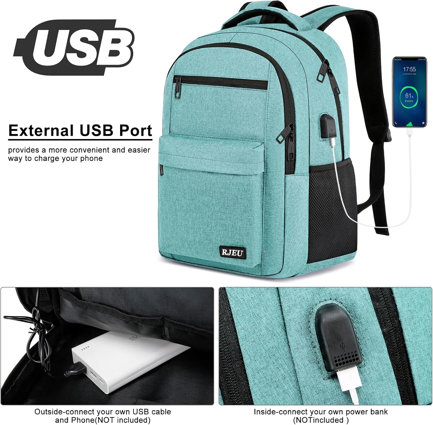 Backpack for Women, School Backpack for Teen with USB Charging Hole, Water Resistant College Bookbag, 15.6 Inch Large Capacity Computer Backpacks for Work, Teal