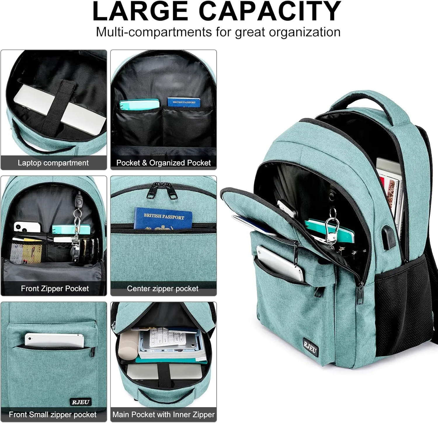 Backpack for Women, School Backpack for Teen with USB Charging Hole, Water Resistant College Bookbag, 15.6 Inch Large Capacity Computer Backpacks for Work, Teal