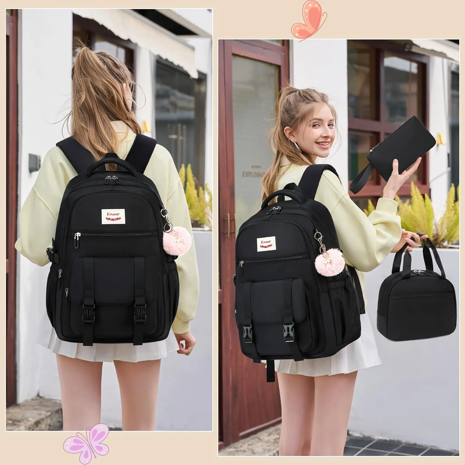 Backpacks for Girls,Laptop Bags for Women Men,3pcs Backpack with Lunch Bag Pencil Pouch Case for Teens Girl Kids Bookbag Elementary Middle School College Back Packs Student Daypack Black Set