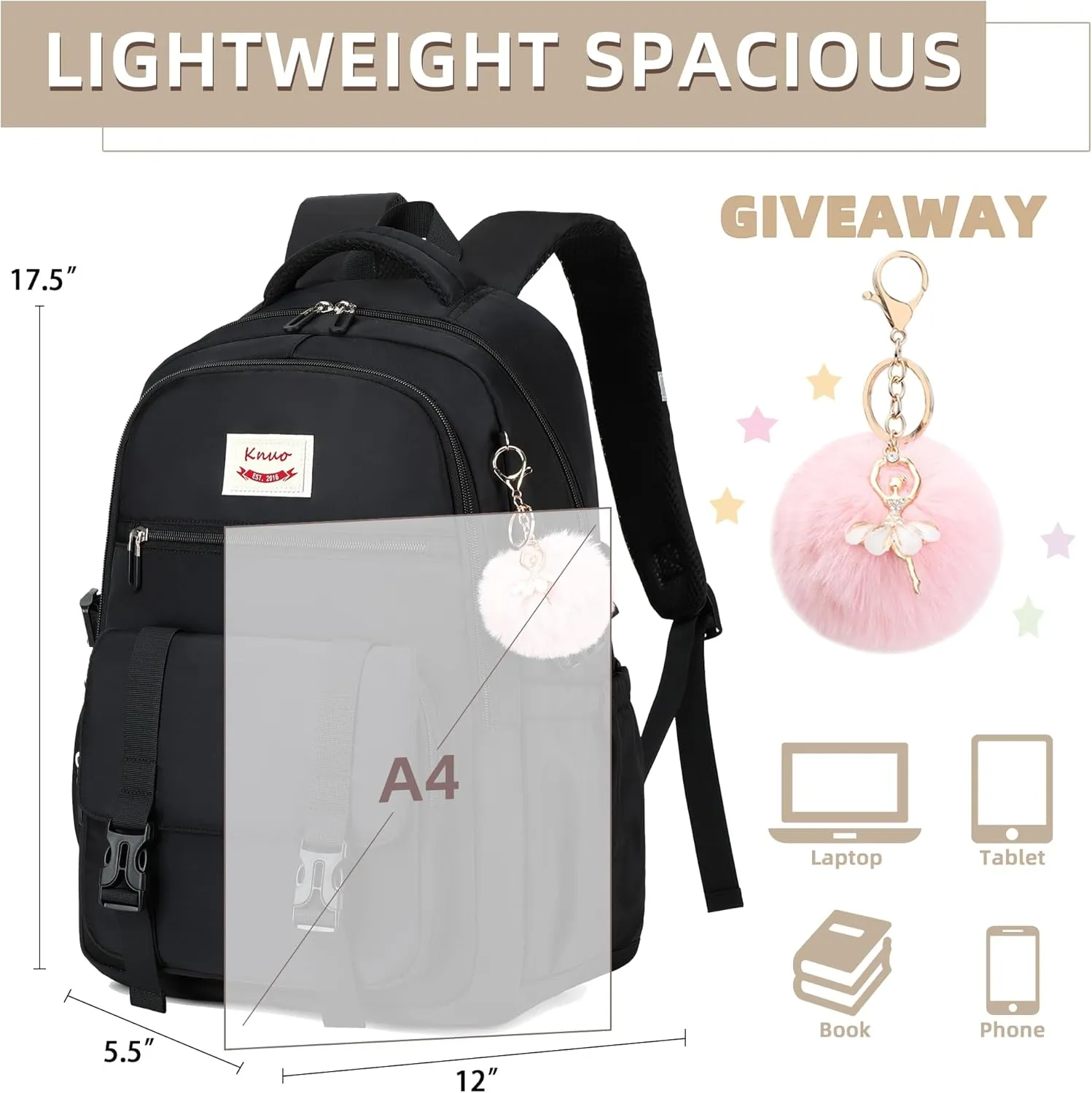 Backpacks for Girls,Laptop Bags for Women Men,3pcs Backpack with Lunch Bag Pencil Pouch Case for Teens Girl Kids Bookbag Elementary Middle School College Back Packs Student Daypack Black Set