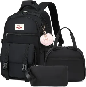 Backpacks for Girls,Laptop Bags for Women Men,3pcs Backpack with Lunch Bag Pencil Pouch Case for Teens Girl Kids Bookbag Elementary Middle School College Back Packs Student Daypack Black Set