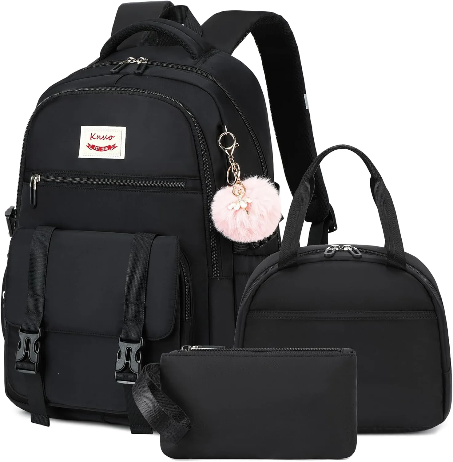Backpacks for Girls,Laptop Bags for Women Men,3pcs Backpack with Lunch Bag Pencil Pouch Case for Teens Girl Kids Bookbag Elementary Middle School College Back Packs Student Daypack Black Set