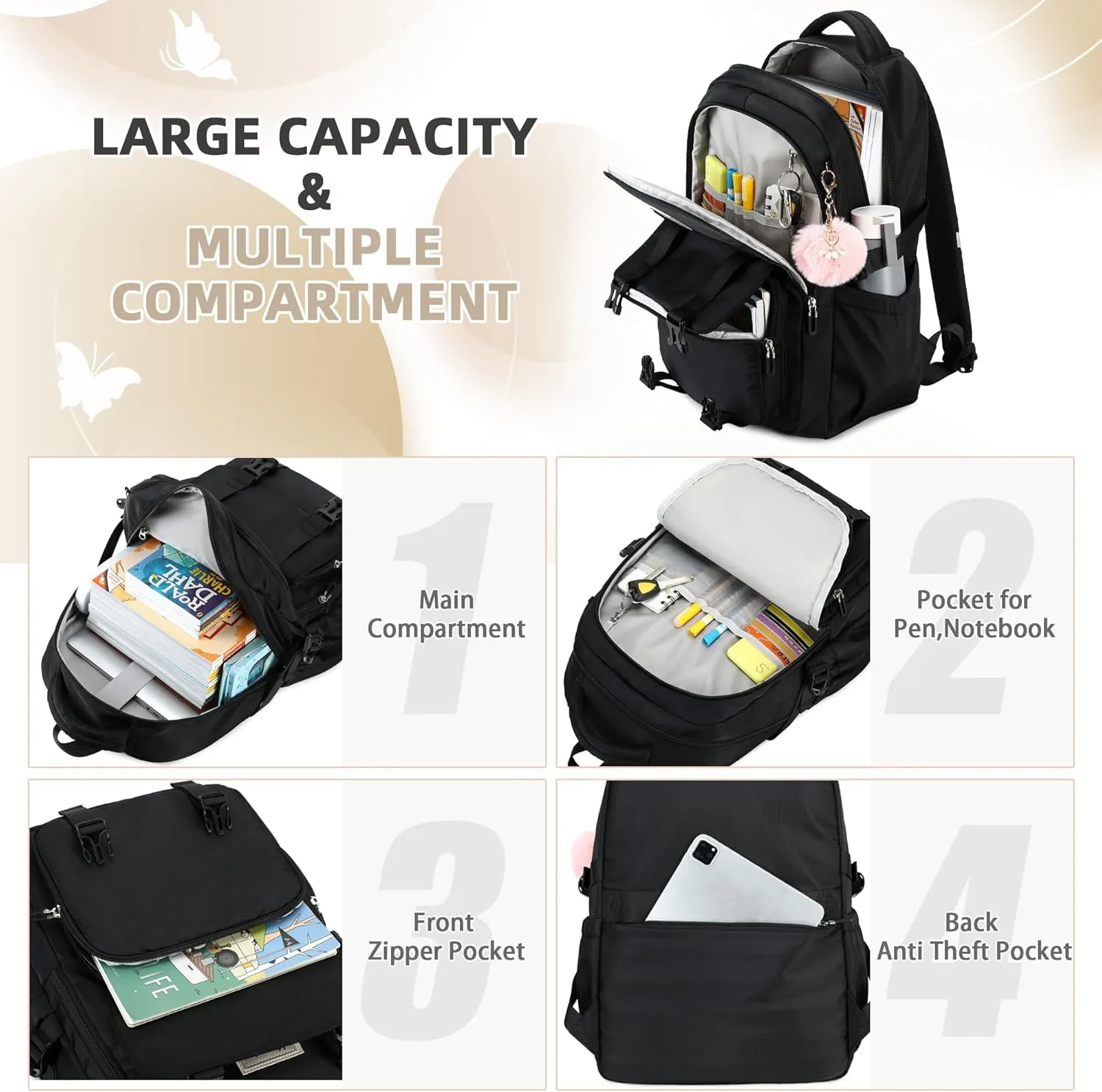 Backpacks for Girls,Laptop Bags for Women Men,3pcs Backpack with Lunch Bag Pencil Pouch Case for Teens Girl Kids Bookbag Elementary Middle School College Back Packs Student Daypack Black Set