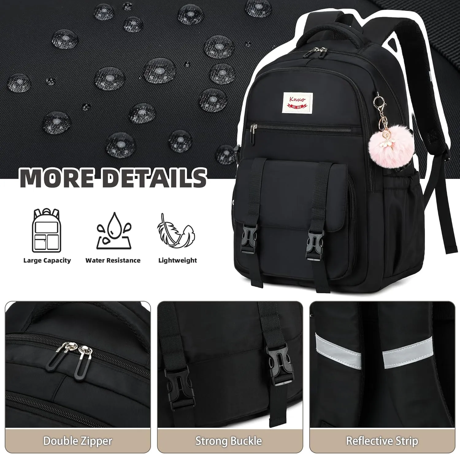 Backpacks for Girls,Laptop Bags for Women Men,3pcs Backpack with Lunch Bag Pencil Pouch Case for Teens Girl Kids Bookbag Elementary Middle School College Back Packs Student Daypack Black Set