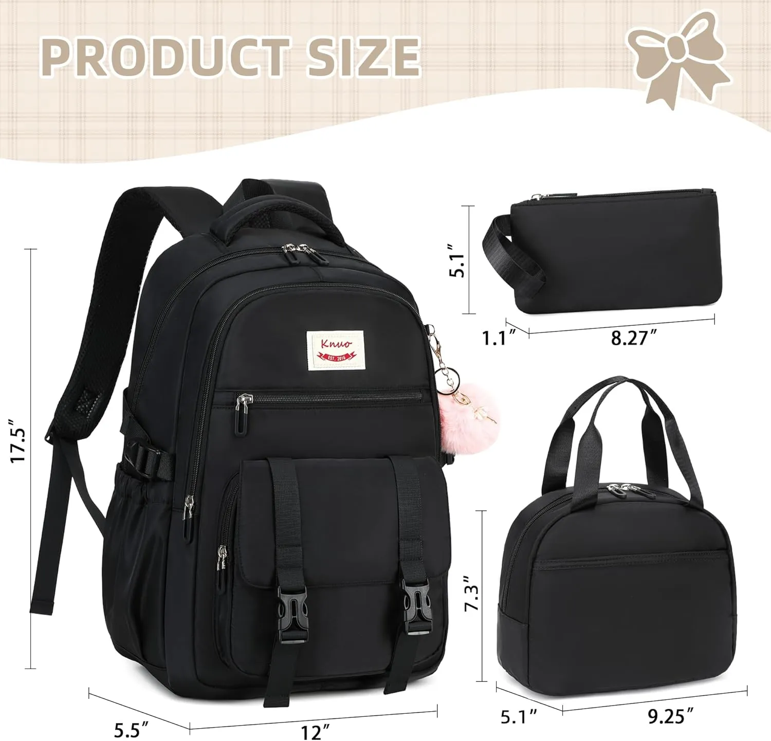 Backpacks for Girls,Laptop Bags for Women Men,3pcs Backpack with Lunch Bag Pencil Pouch Case for Teens Girl Kids Bookbag Elementary Middle School College Back Packs Student Daypack Black Set