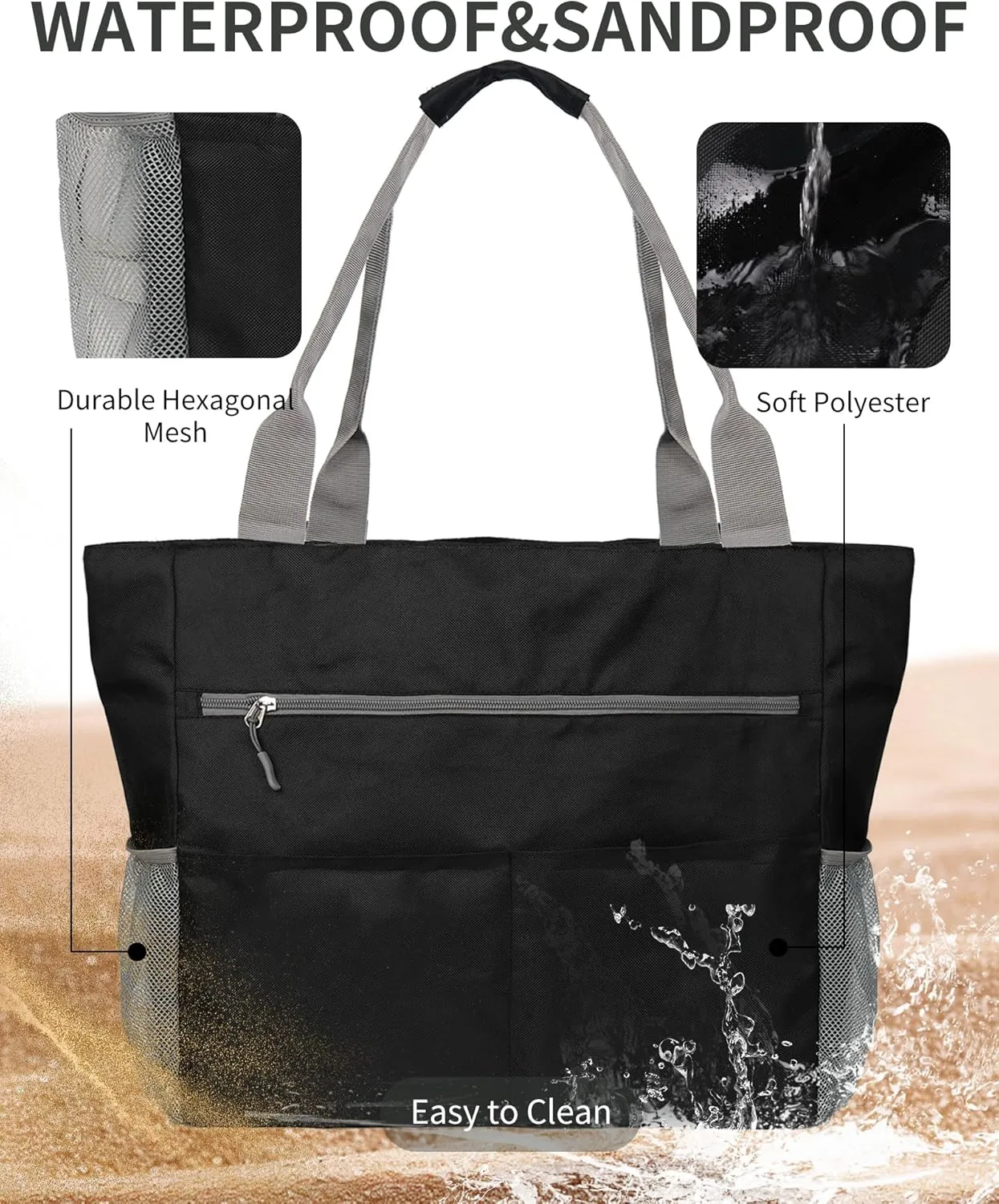 Beach Bag-Tote Bags for Women Waterproof Sandproof Beachs totes with zipper for Family Vacation Essential