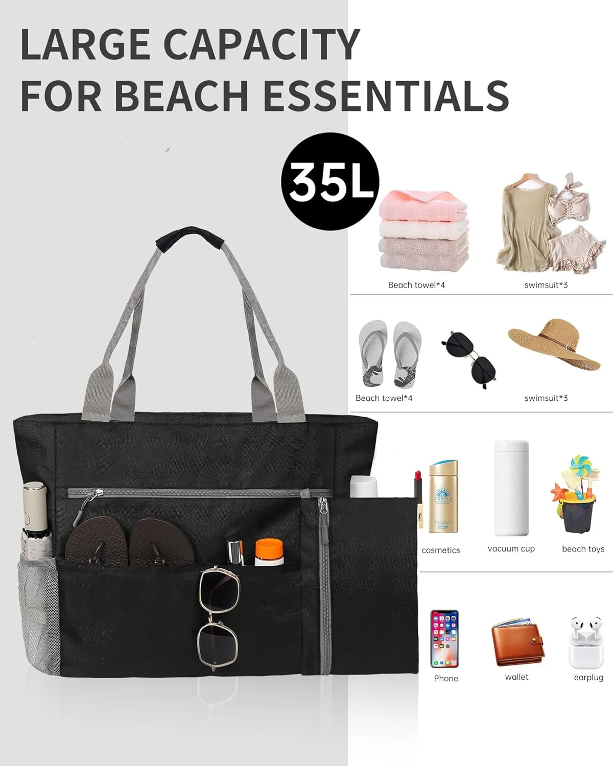 Beach Bag-Tote Bags for Women Waterproof Sandproof Beachs totes with zipper for Family Vacation Essential