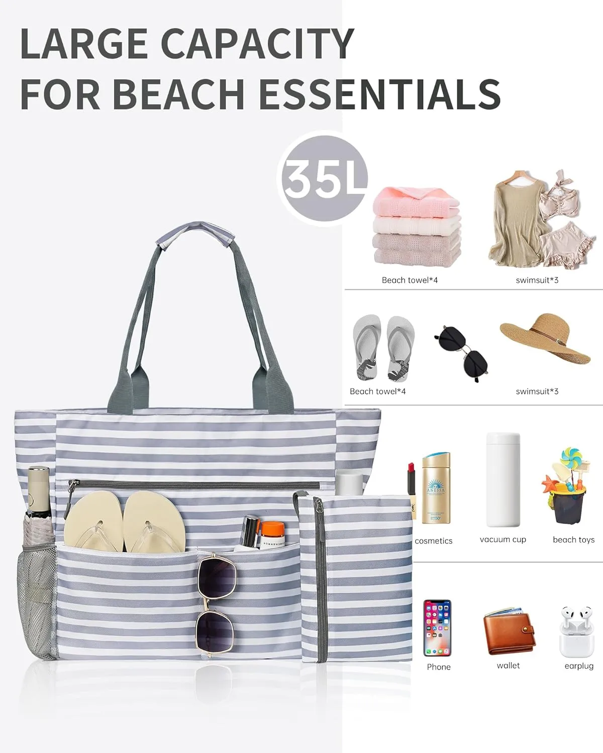 Beach Bag-Tote Bags for Women Waterproof Sandproof Beachs totes with zipper for Family Vacation Essential