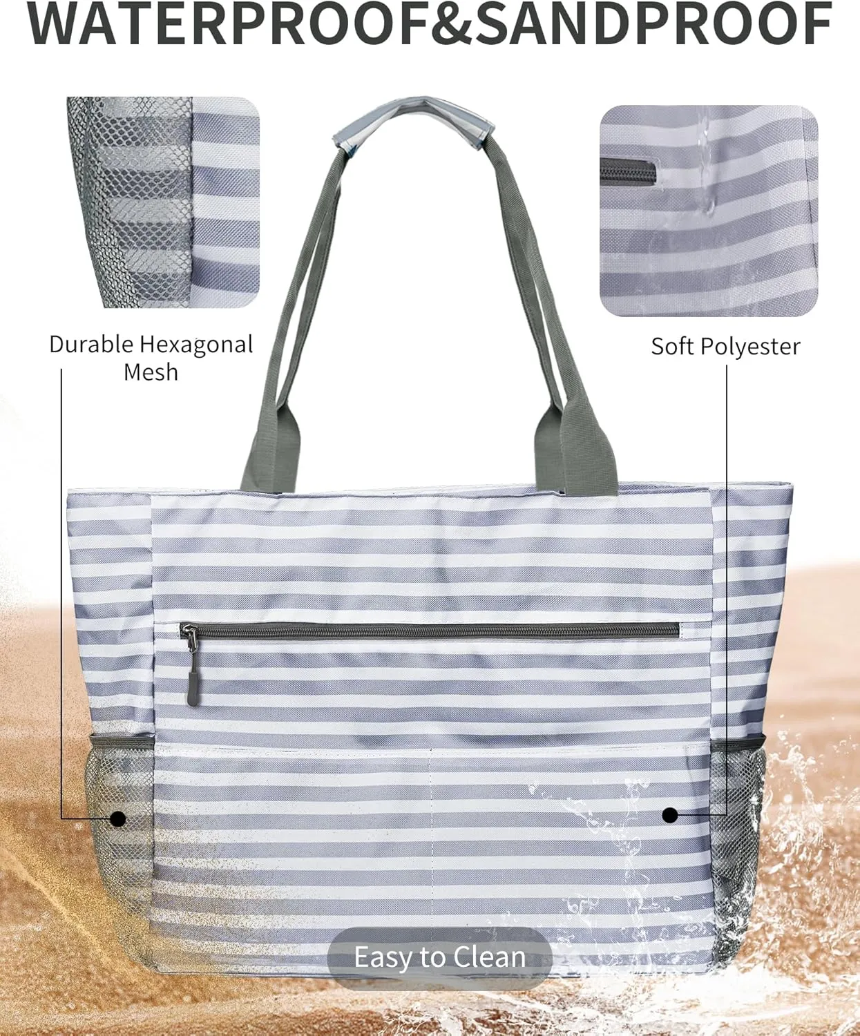 Beach Bag-Tote Bags for Women Waterproof Sandproof Beachs totes with zipper for Family Vacation Essential