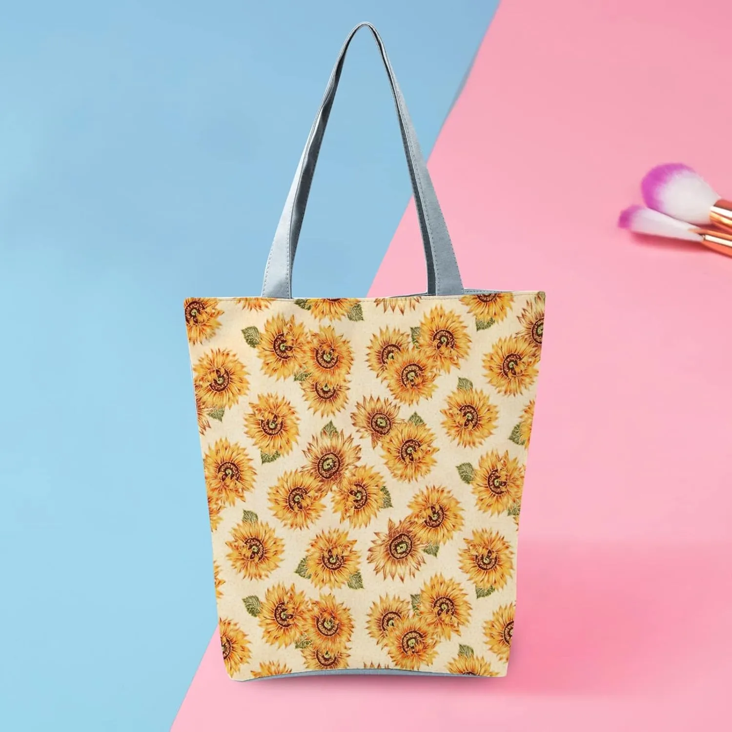 Beach Tote Bag Sunflower Printed Canvas Women's Casual Large Zippered Shoulder Bag For Outdoor Beach Travel Essential E