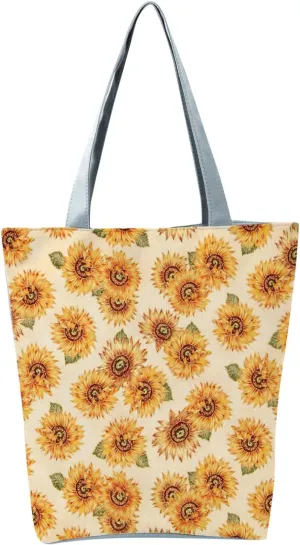 Beach Tote Bag Sunflower Printed Canvas Women's Casual Large Zippered Shoulder Bag For Outdoor Beach Travel Essential E