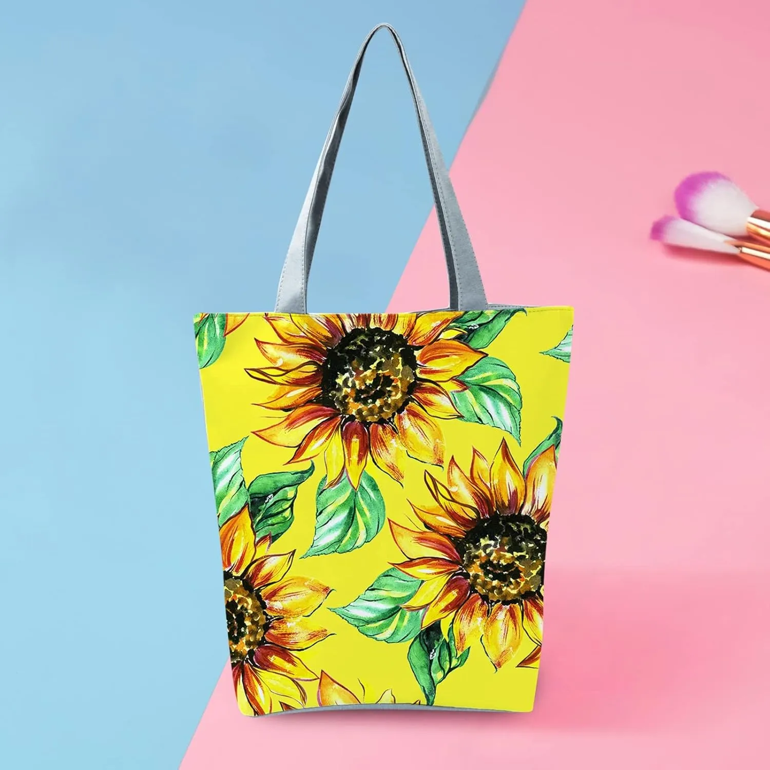 Beach Tote Bag Sunflower Printed Canvas Women's Casual Large Zippered Shoulder Bag For Outdoor Beach Travel Essential O