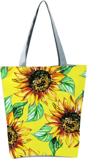 Beach Tote Bag Sunflower Printed Canvas Women's Casual Large Zippered Shoulder Bag For Outdoor Beach Travel Essential O