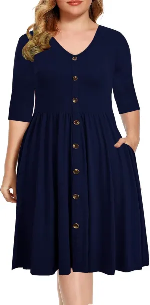 BEDOAR Women's Casual Plus Size Dress V-Neck Knee-Length A-Line Party Cocktail Swing Dress with Pockets