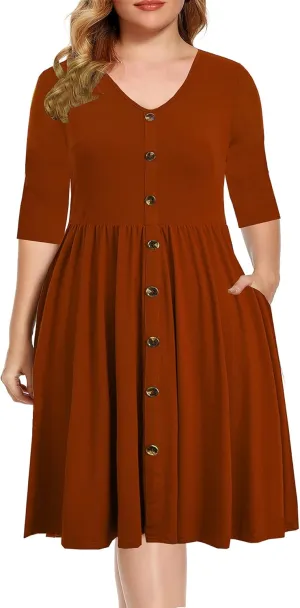BEDOAR Women's Casual Plus Size Dress V-Neck Knee-Length A-Line Party Cocktail Swing Dress with Pockets