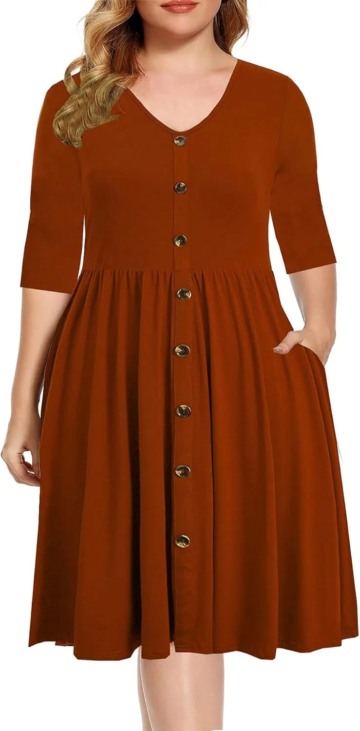 BEDOAR Women's Casual Plus Size Dress V-Neck Knee-Length A-Line Party Cocktail Swing Dress with Pockets
