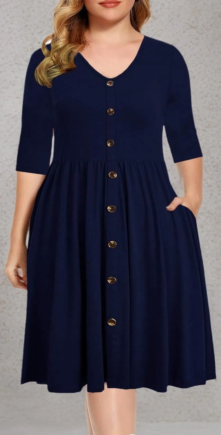 BEDOAR Women's Casual Plus Size Dress V-Neck Knee-Length A-Line Party Cocktail Swing Dress with Pockets