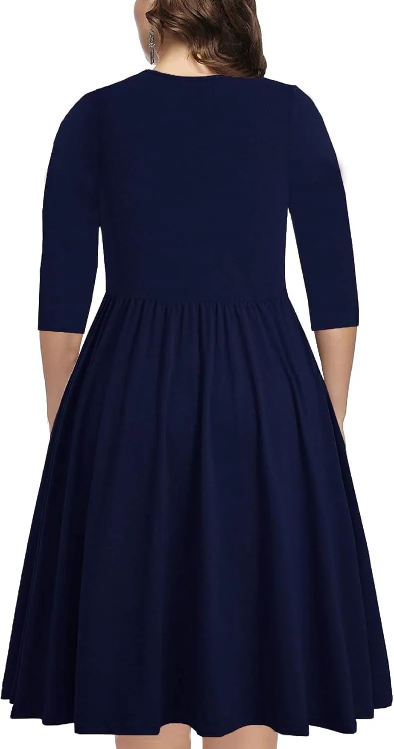 BEDOAR Women's Casual Plus Size Dress V-Neck Knee-Length A-Line Party Cocktail Swing Dress with Pockets