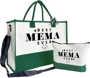 Best Mema Ever Canvas Beach Tote Bag for Women - Outing Bag with Inner Pocket & Make Up Bag - Birthday, Mother's Day Gift B1