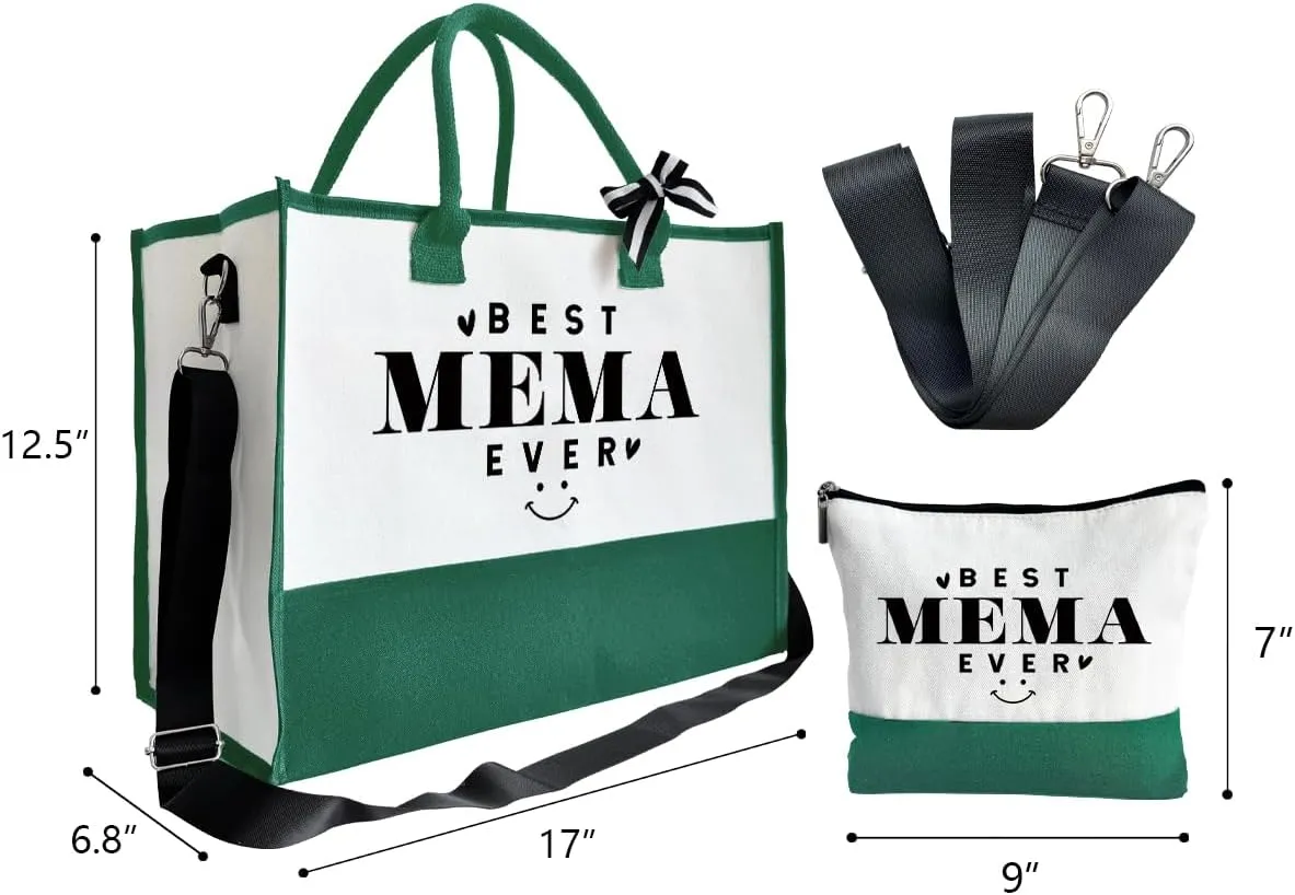 Best Mema Ever Canvas Beach Tote Bag for Women - Outing Bag with Inner Pocket & Make Up Bag - Birthday, Mother's Day Gift B1