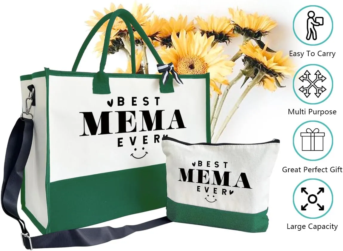 Best Mema Ever Canvas Beach Tote Bag for Women - Outing Bag with Inner Pocket & Make Up Bag - Birthday, Mother's Day Gift B1