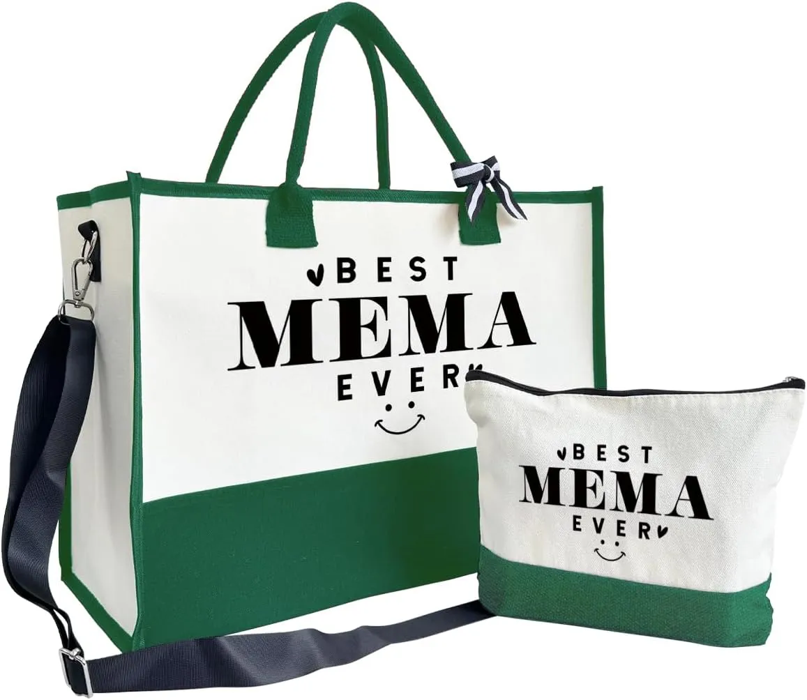 Best Mema Ever Canvas Beach Tote Bag for Women - Outing Bag with Inner Pocket & Make Up Bag - Birthday, Mother's Day Gift B1