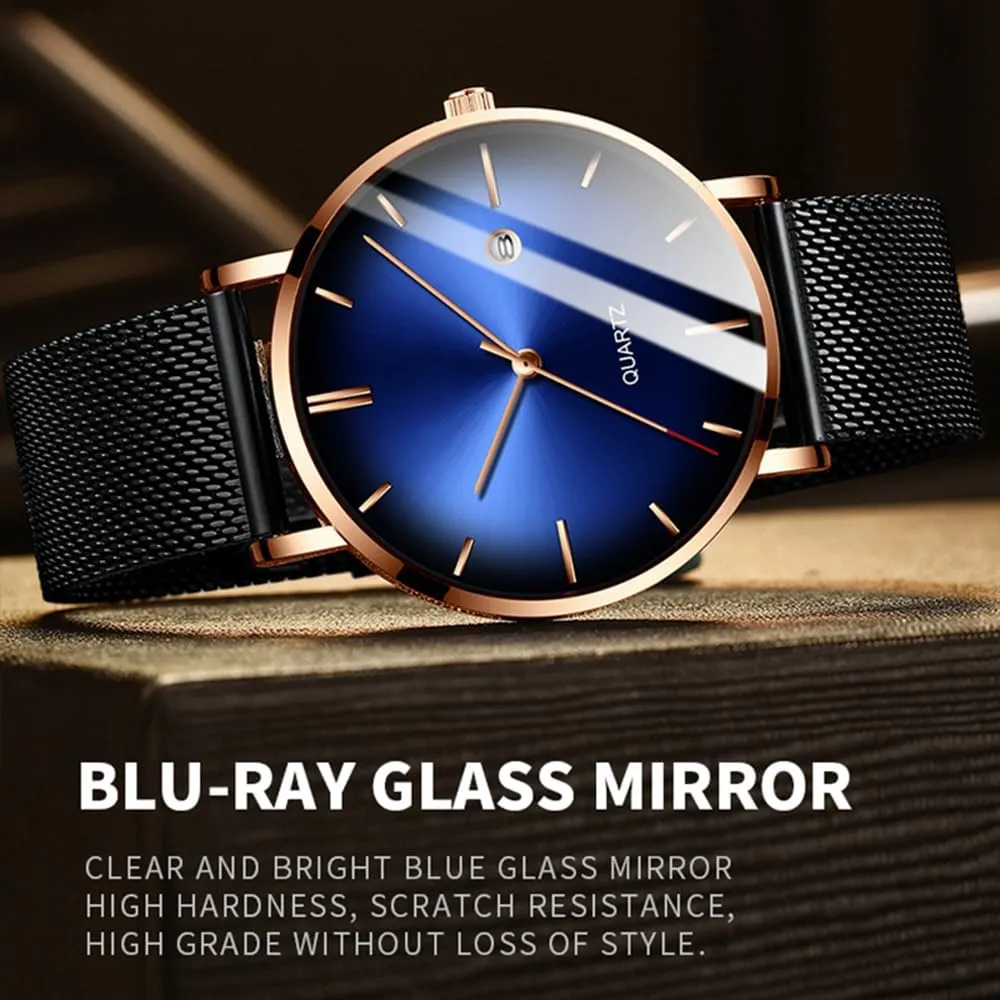 BESTKANG Men's Fashion Minimalist Wrist Watch Waterproof Watches Simple Ultra Thin Watches Analog Quartz Date with Stainless Steel Mesh Band