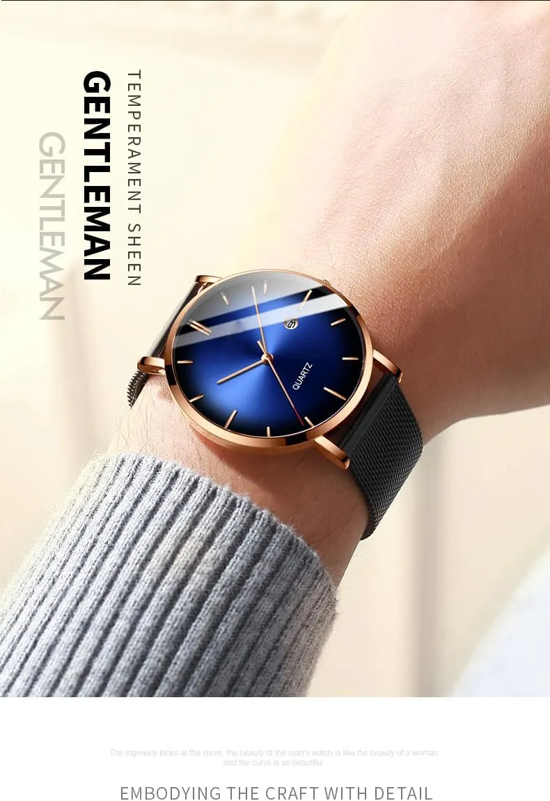 BESTKANG Men's Fashion Minimalist Wrist Watch Waterproof Watches Simple Ultra Thin Watches Analog Quartz Date with Stainless Steel Mesh Band