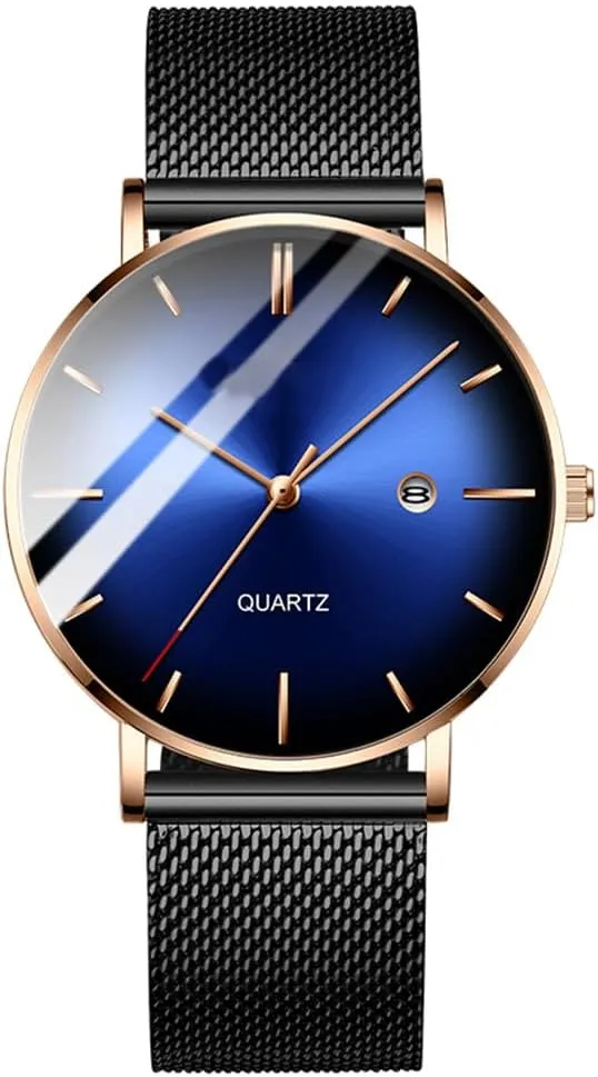 BESTKANG Men's Fashion Minimalist Wrist Watch Waterproof Watches Simple Ultra Thin Watches Analog Quartz Date with Stainless Steel Mesh Band