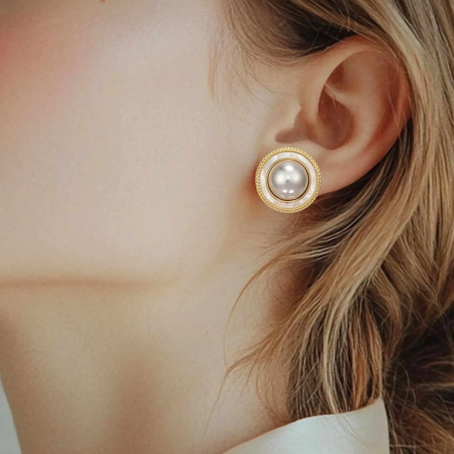 Big Pearl Stud Earrings for Women Faux Gold Large Pearl Earrings Studs