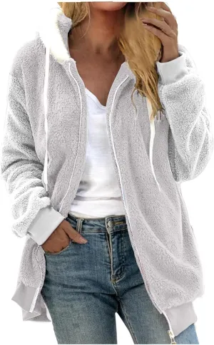 Binmer Womens Warm Fuzzy Zip Up Hoodie Plus Size Sherpa Jacket with Pocket Colorblock Long Sleeve Faux Fur Fleece Winter Coat
